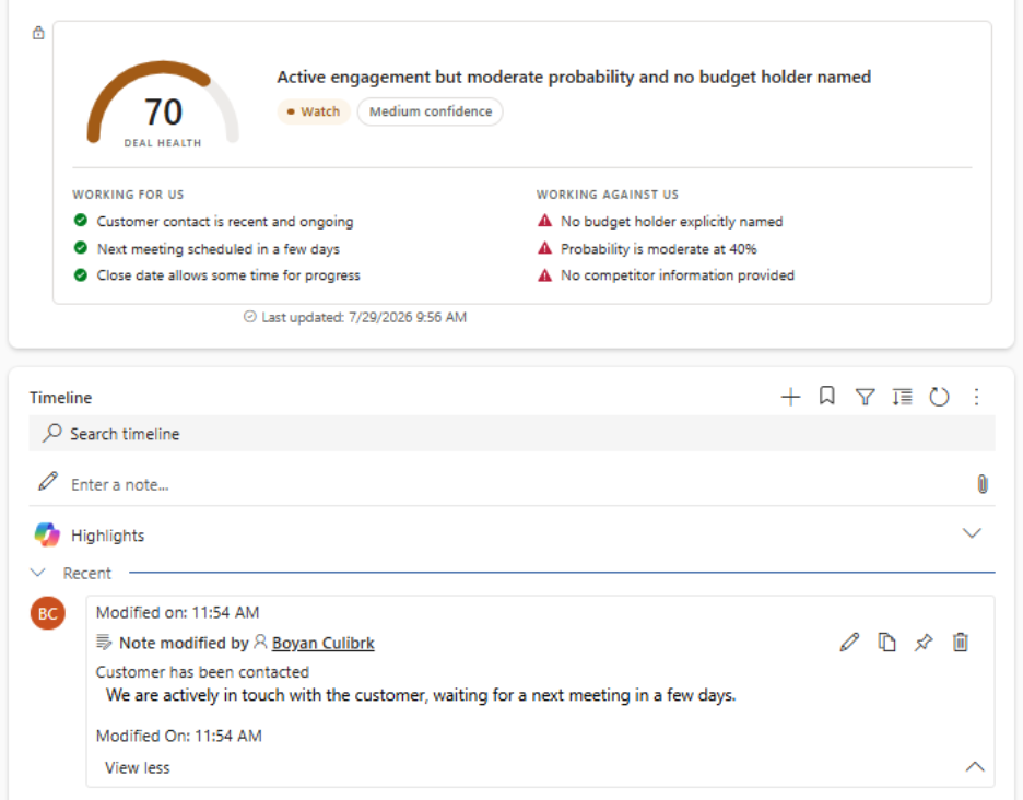 Deal Signal arc gauge showing an at risk opportunity score of 25 with confidence and risk details in Dynamics 365 Sales.