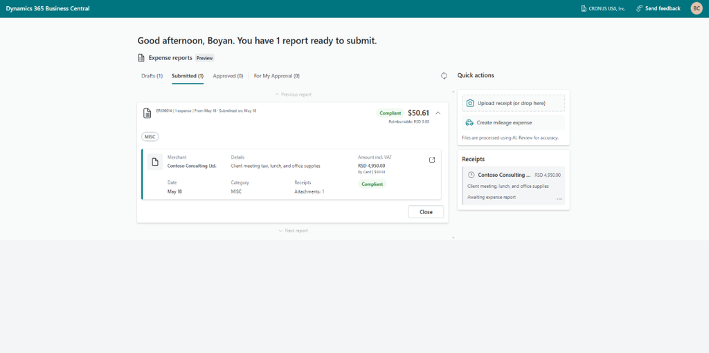 Expense agent in Business Central